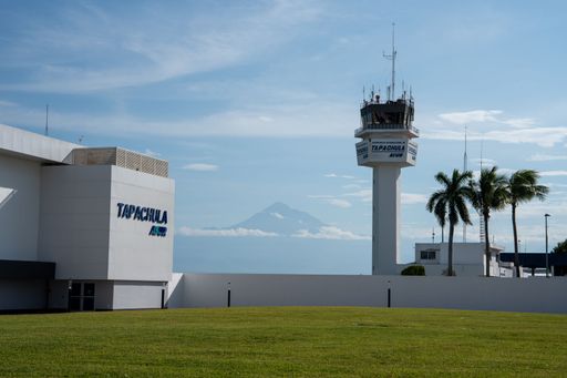 Tapachulas airport control tower and Tacana volcano