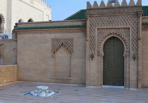 A traditional door decorated in a detailed Moroccan and Islamic design at Hassan tower and mosque in Rabat, Morocco.
