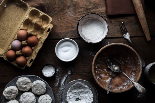A top view of the process of making delicious pastry out of dough