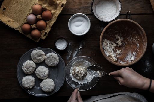 A top view of the process of making delicious pastry out of dough