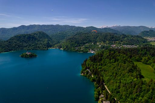 Aerial view of Lake Bled with its iconic island and church, surrounded by lush green forests and mountains under a clear blue sky.