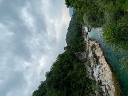 A vertical shot of a river flowing in the forest under the cloudy sky