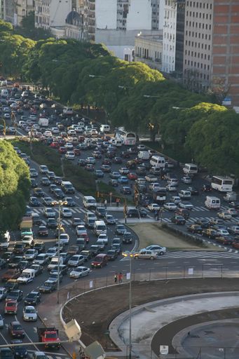 a vertical shot of a dense traffic near the roundabout in Buenos Aires