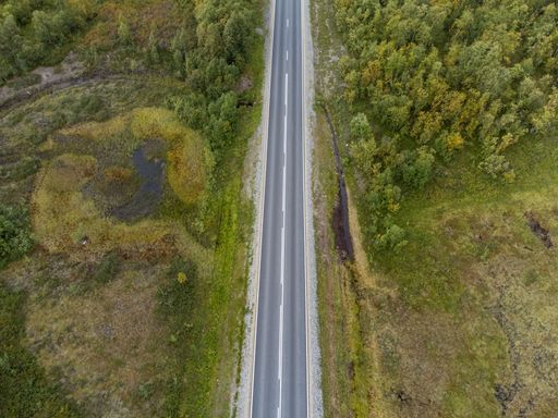 Aerial view of a road winding through a lush green forest.