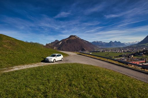 A closeup shot of a car driving on a small road among beautiful green grass with small-town background