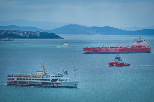 The ships and boats floating on the Sea of Marmara, Istanbul, Turkey