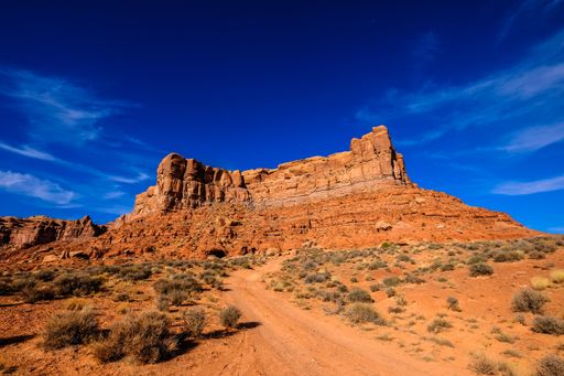 A dirt road in the middle of the desert with dried bushes and a cliff in the distance under a blue sky on a sunny day
