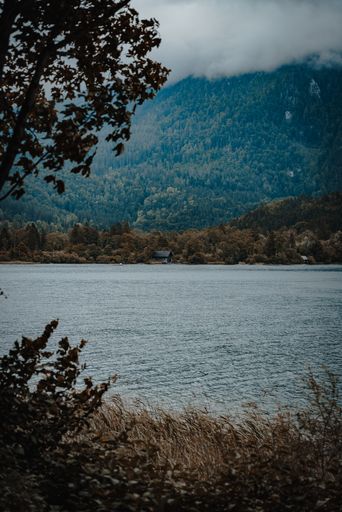 A vertical shot of a lake or a river surrounded by forests on hills on a cloudy day
