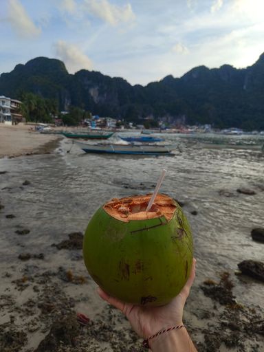Hand holding a fresh coconut with a straw, overlooking a tropical beach with boats and lush green mountains in the background.