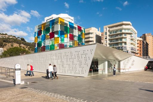 An exterior view of the Centre Pompidou Malaga museum in Malaga, Andalucia, Spain
