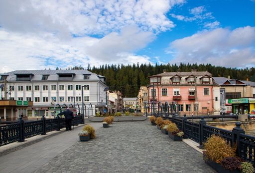 A scenic landscape view from the mountain resort of Vatra Dornei, located in Suceava County, Romania.