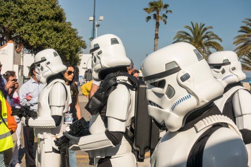 A closeup shot of people wearing costumes during the Star Wars parade of Malaga in Spain