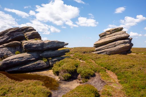 A closeup shot of wind weathered rocks at Peak District moors in Derbyshire in UK