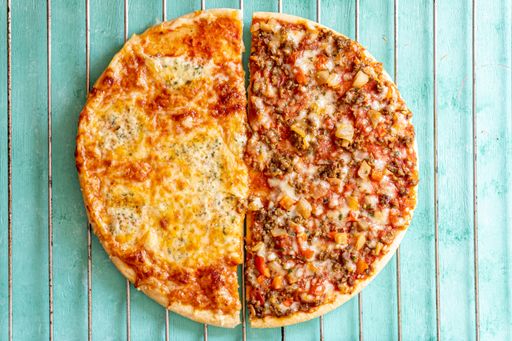 Half four cheeses and another half barbecue meat pizzas