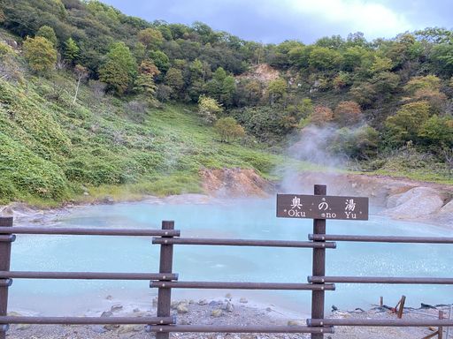 Scenic view of Oku no Yu hot spring surrounded by lush greenery in Japan, with steam rising from the turquoise water under a cloudy sky.