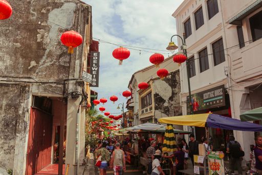 The street markets of Georgetown during the Chinese New Year decorated with red lanterns