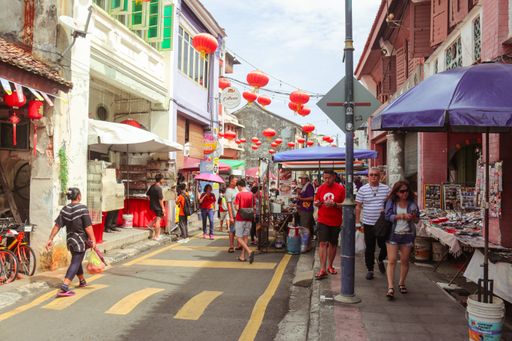 The street markets of Georgetown during the Chinese New Year decorated with red lanterns