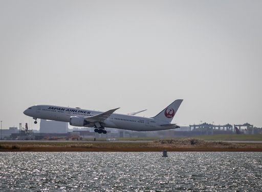 The Japan Airlines 787 Dreamliner taking off from Boston's Logan International Airport on its way to Tokyo