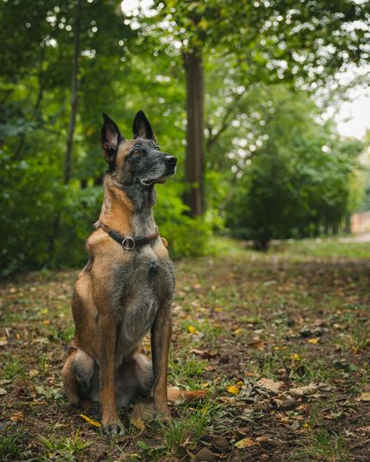 A Belgian Malinois dog sitting attentively in a lush green forest setting, showcasing its alert nature and beautiful fur.