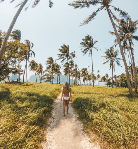 A young woman in a bikini walks through a tropical palm tree grove under a clear sky, capturing a serene summer moment.