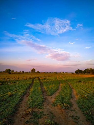 A beautiful landscape of a green field under a blue cloudy sky