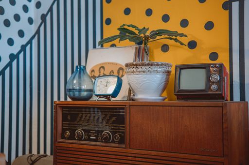 A closeup shot of a vintage interior of a room with a cute, small TV set in Vilnius, Lithuania