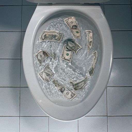 An overhead shot of money being flushed in the toilet - great for background