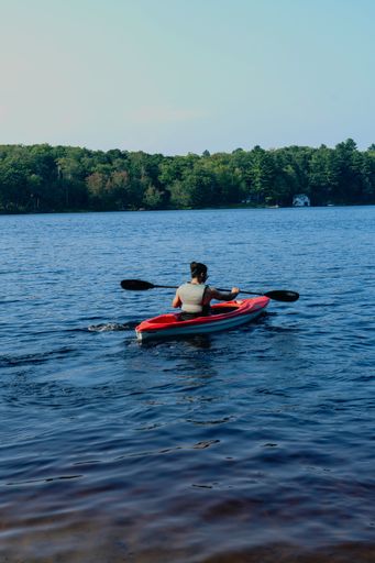 A person kayaking on a serene lake surrounded by lush green trees under a clear sky, capturing the essence of outdoor adventure.