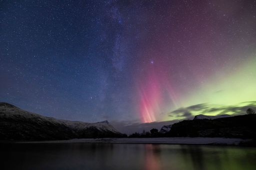 The Milky Way and Northern Lights over Gjevilvatnet, Norway