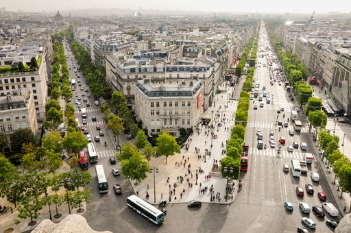 View of two tree-lined avenues leading to the Arc de Triomphe and all the urban movement that surrounds it