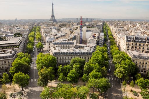 View of two tree-lined avenues leading to the Arc de Triomphe and all the urban movement that surrounds it. Eiffel Tower can be seen at the background