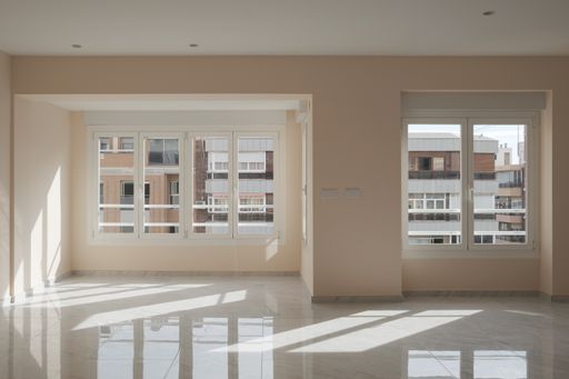 An empty apartment room with beige walls and sunlight coming from the windows