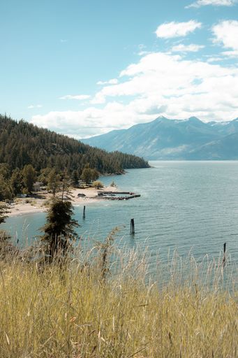 Scenic view of a serene lake with mountains in the background under a bright blue sky, surrounded by lush greenery.