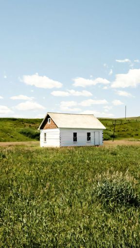 A solitary white house stands in a lush green field under a bright blue sky, evoking a sense of tranquility and isolation.