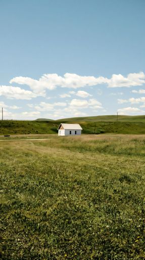 A solitary white house sits in a vast green field under a bright blue sky with fluffy clouds.