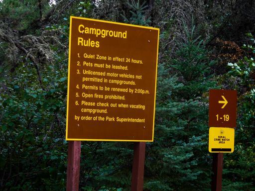 A sign with campground rules in a provincial park
