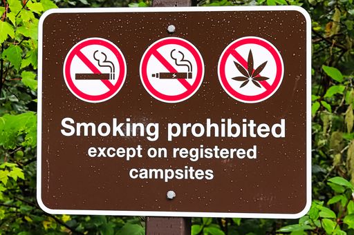 A closeup shot of a smoking prohibited except on registered campsite sign