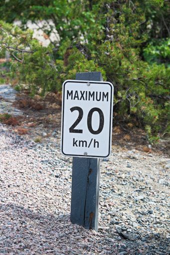 A "maximum 20 km per hour" sign along a gravel road