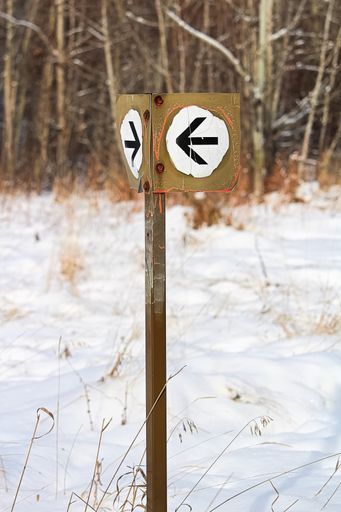 A white arrow direction sign along a snow-covered hiking path