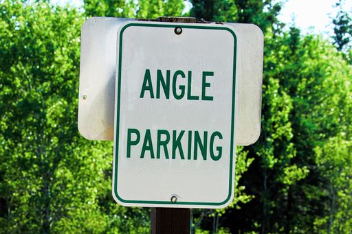 A metal white road sign with "ANGLE PARKING" written on it against the green background