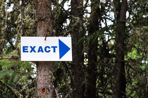 A blue Exact sign with an arrow pointing right