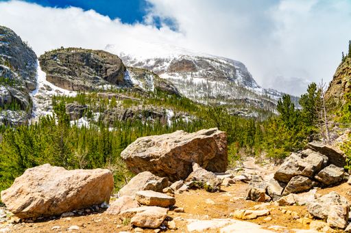 Scenic view of Rocky Mountain National Park with snow-capped peaks, lush green forests, and rocky terrain under a vibrant blue sky.