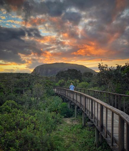 An old bridge over the river in the forest under a dramtic cloudy sunset sky