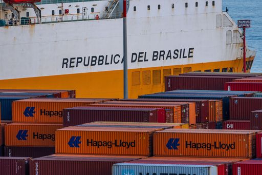 The colorful Containers and Cargo Ship from Brazil at Vietri sul Mare Port