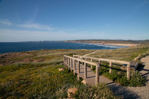 A scenic coastal view with a wooden boardwalk leading to a sandy beach under a clear blue sky in Algarve, Portugal