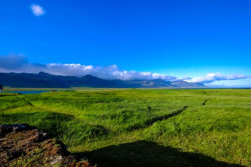a grassy field and mountain in the distance under a clear blue sky  at daytime