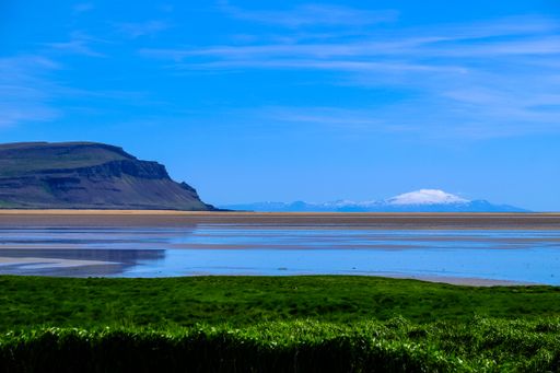 A grassy field near a seashore with mountains in the distance under a clear blue sky at daytime