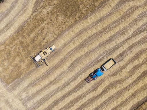 An aerial shot of a big crop field with two tractors fertilizing the crops on a bright summer day