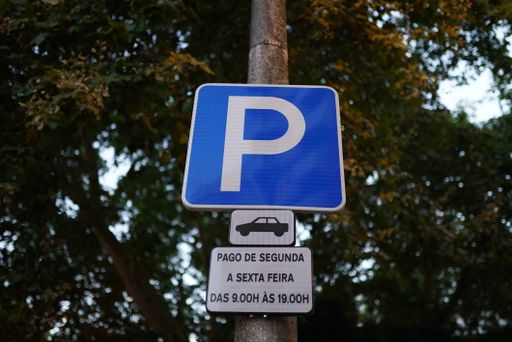 A low angle shot of a blue square parking area sign