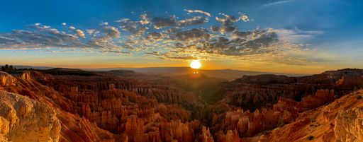 A panoramic shot of the Bryce Canyon National Park in Utah, during a beautiful sunset